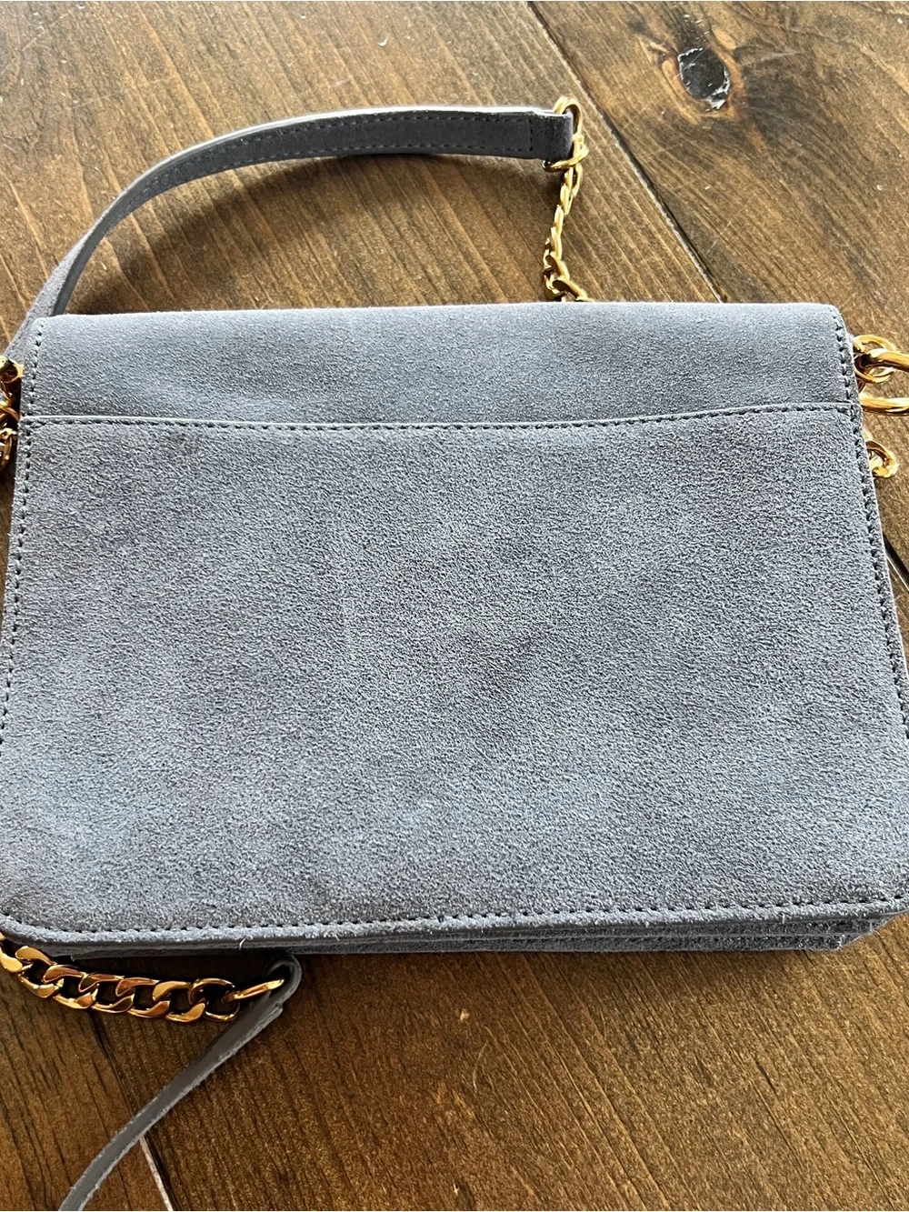 Ann Taylor grey suede envelope crossbody bag with gold chain